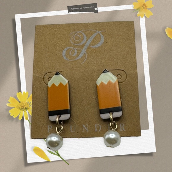New Plunder Earrings “Sharp Minds” - Pencil With Pearl Studs - 1.5" - Picture 1 of 9